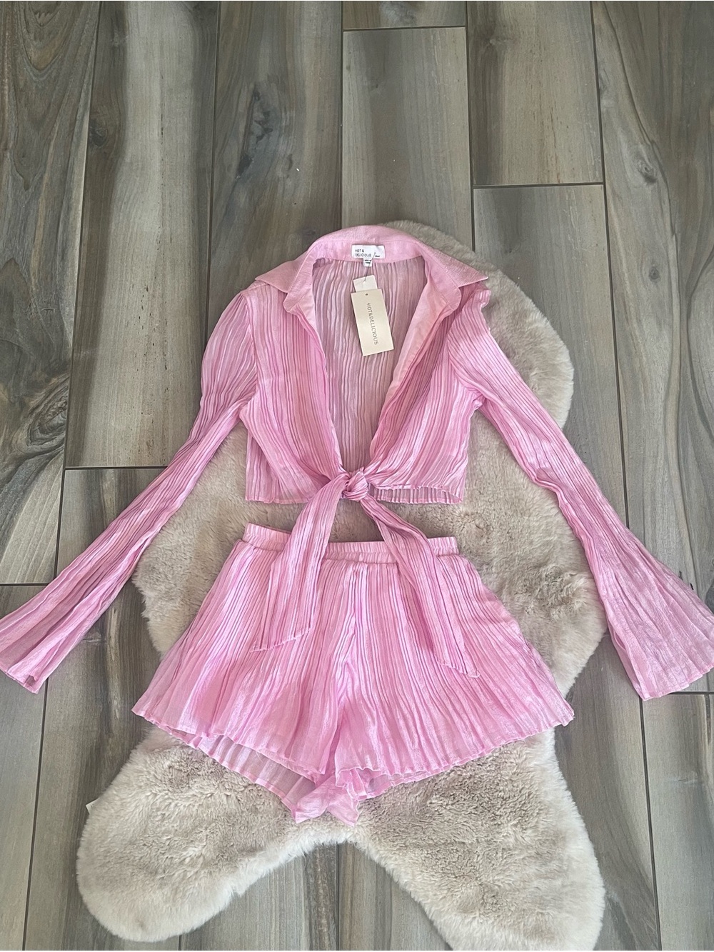 Sheer Pink Tie-Front Crop Top & Shorts Set